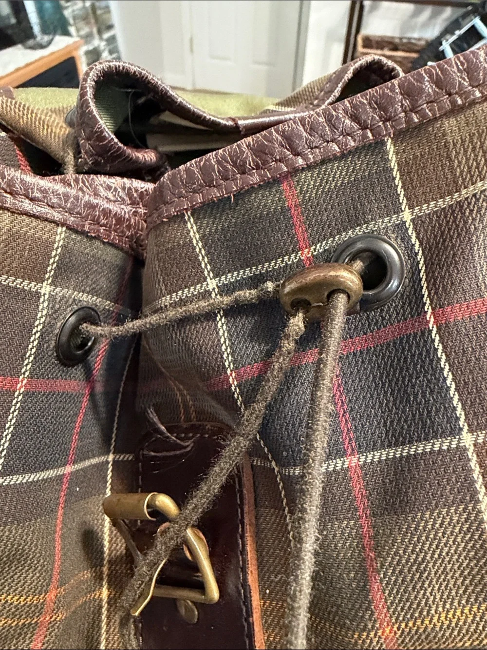 Barbour Brown Tartan Plaid Canvas Backpack with Leather Trim - Picture 10 of 12